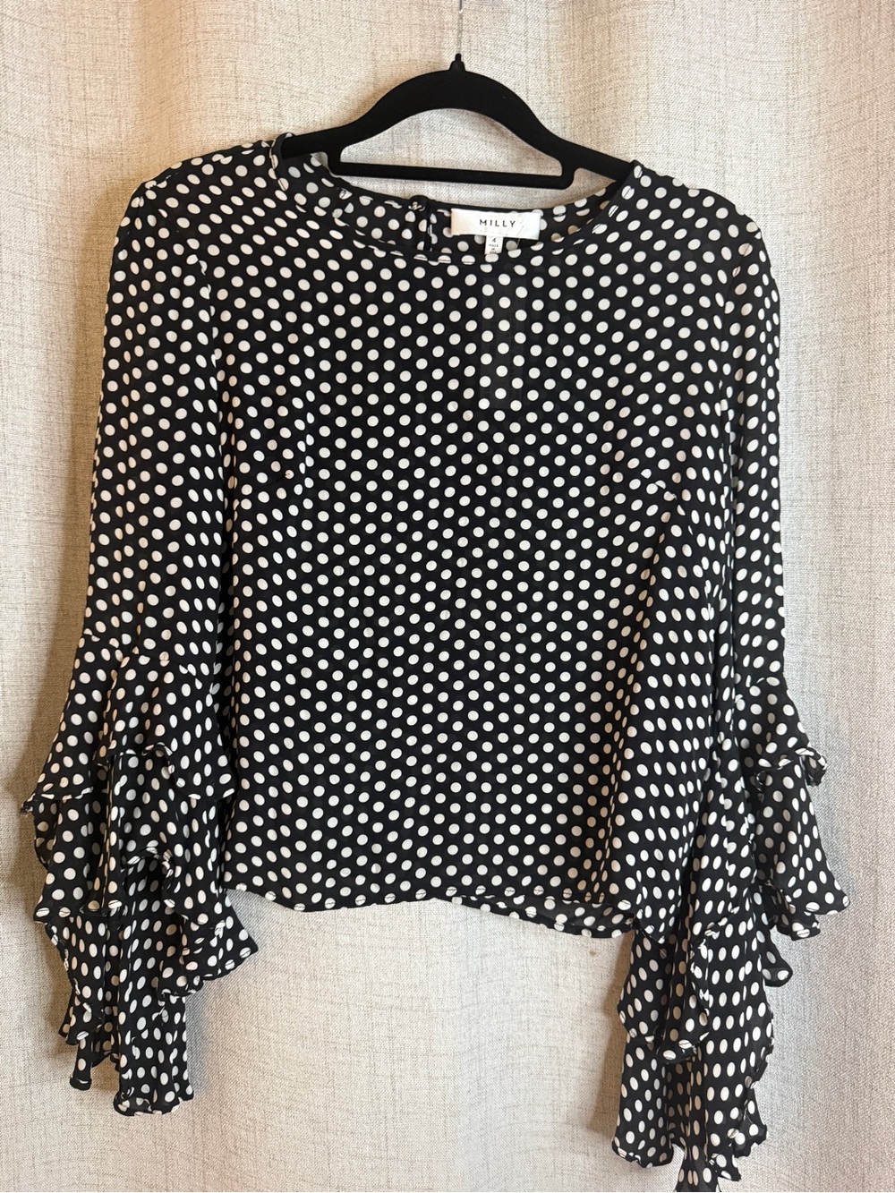Milly Black & White Polka Dot Ruffle-Sleeve Blouse